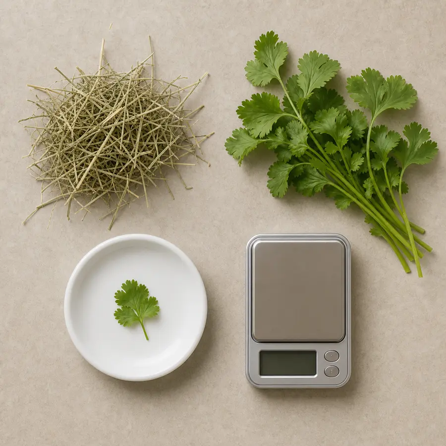 Tiny washed cilantro sprig on a saucer beside fresh cilantro, hay, and a gram scale.
