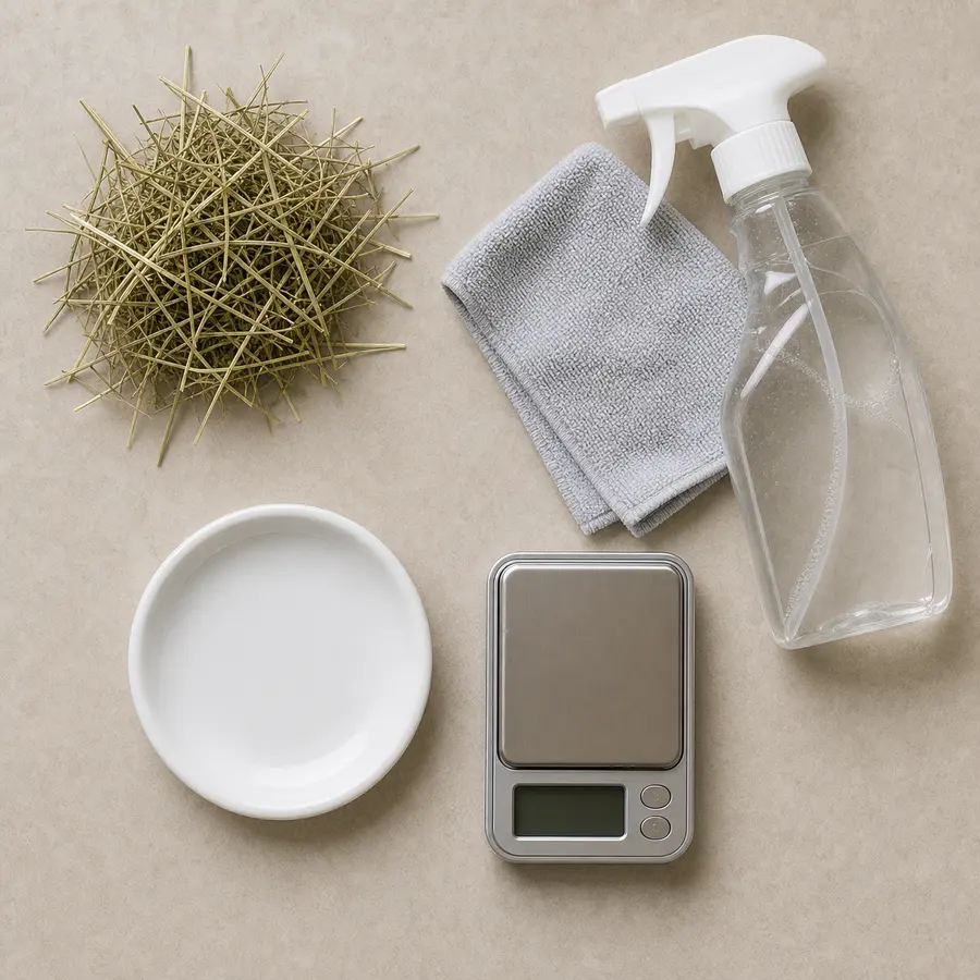 Unlabeled cleaning spray and cloth kept away from an empty saucer, hay, and a gram scale.