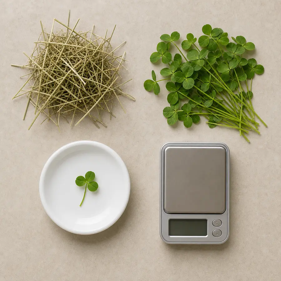 Tiny clean clover sprig on a saucer beside fresh clover, hay, and a gram scale.