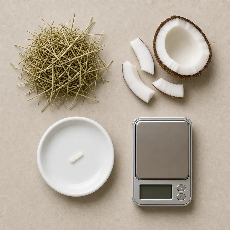 Tiny plain coconut sliver on a saucer beside coconut pieces, hay, and a gram scale.