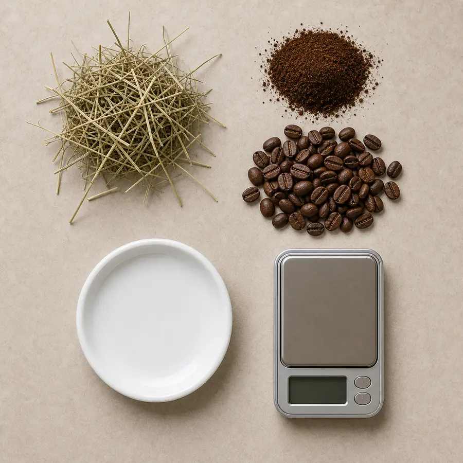 Coffee beans and grounds kept away from an empty saucer, hay, and a gram scale.