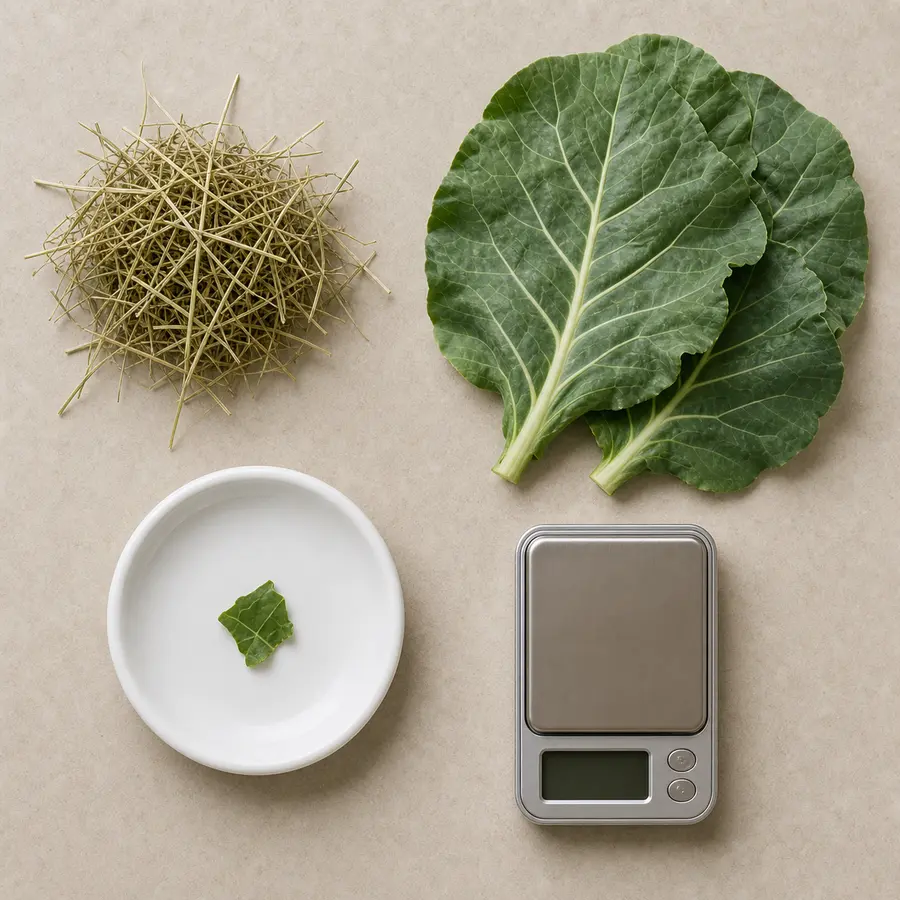 Tiny washed collard green piece on a saucer beside fresh collard greens, hay, and a gram scale.