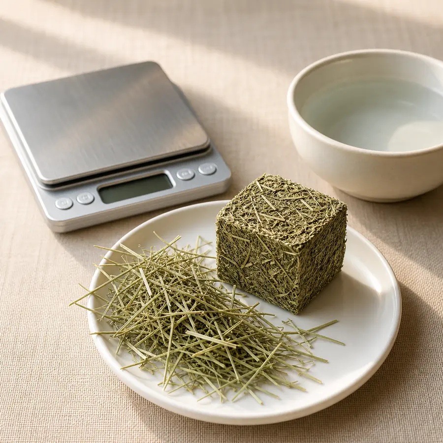 Plain compressed hay cube on a saucer beside loose hay, water, and a gram scale.