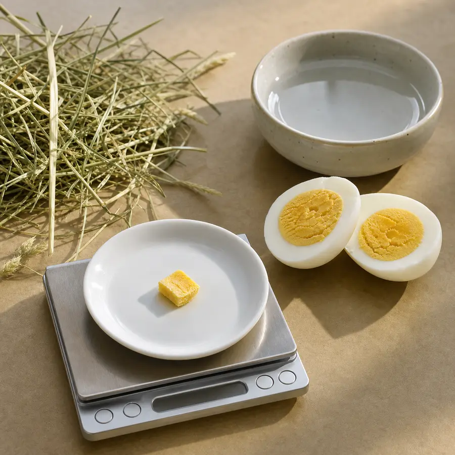 Tiny plain cooked egg piece on a saucer beside a halved boiled egg, hay, and a gram scale.