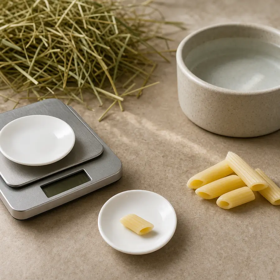 Tiny plain cooked pasta piece on a saucer beside plain pasta, hay, and a gram scale.