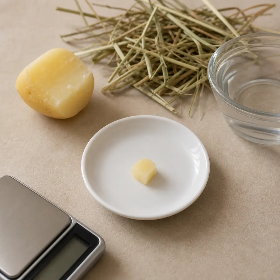 Tiny plain cooked potato piece kept separate on a saucer beside hay and a gram scale.
