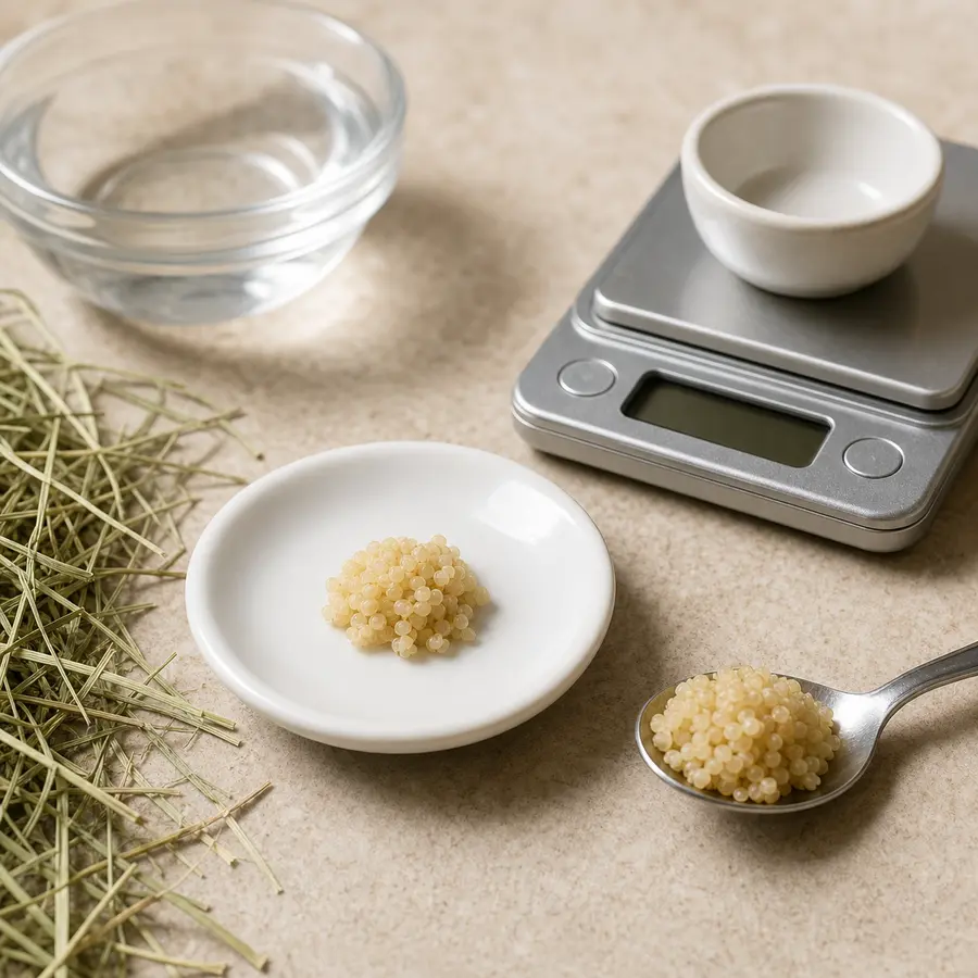 Tiny plain cooked quinoa pinch on a saucer beside cooked quinoa, hay, and a gram scale.