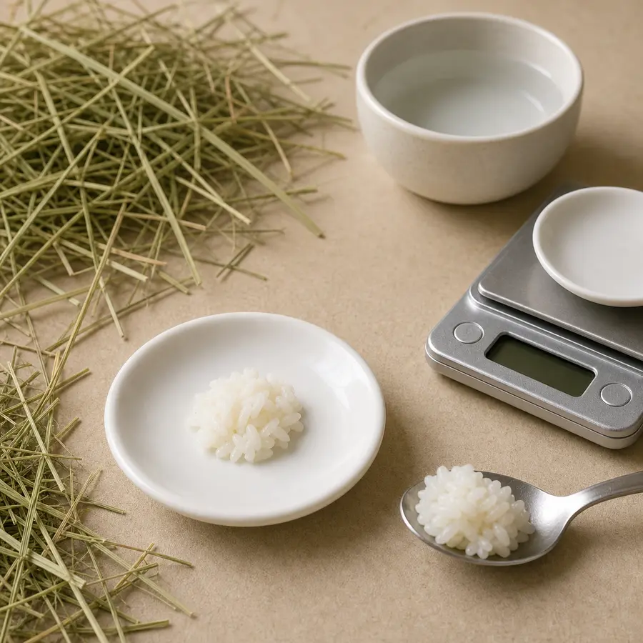Tiny plain cooked rice pinch on a saucer beside cooked rice, hay, and a gram scale.