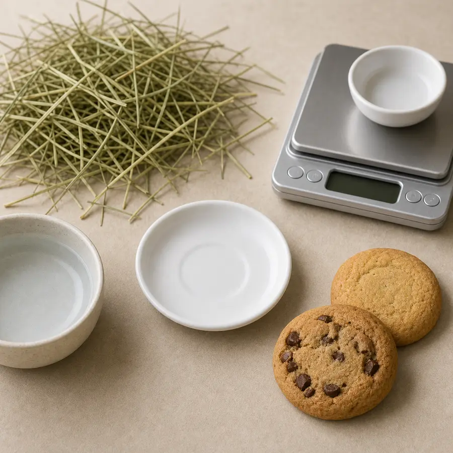 Plain and chocolate chip cookies kept away from an empty saucer, hay, and a gram scale.