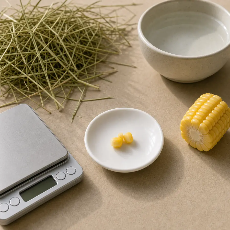 Two tiny plain corn kernels on a saucer beside fresh corn, hay, and a gram scale.