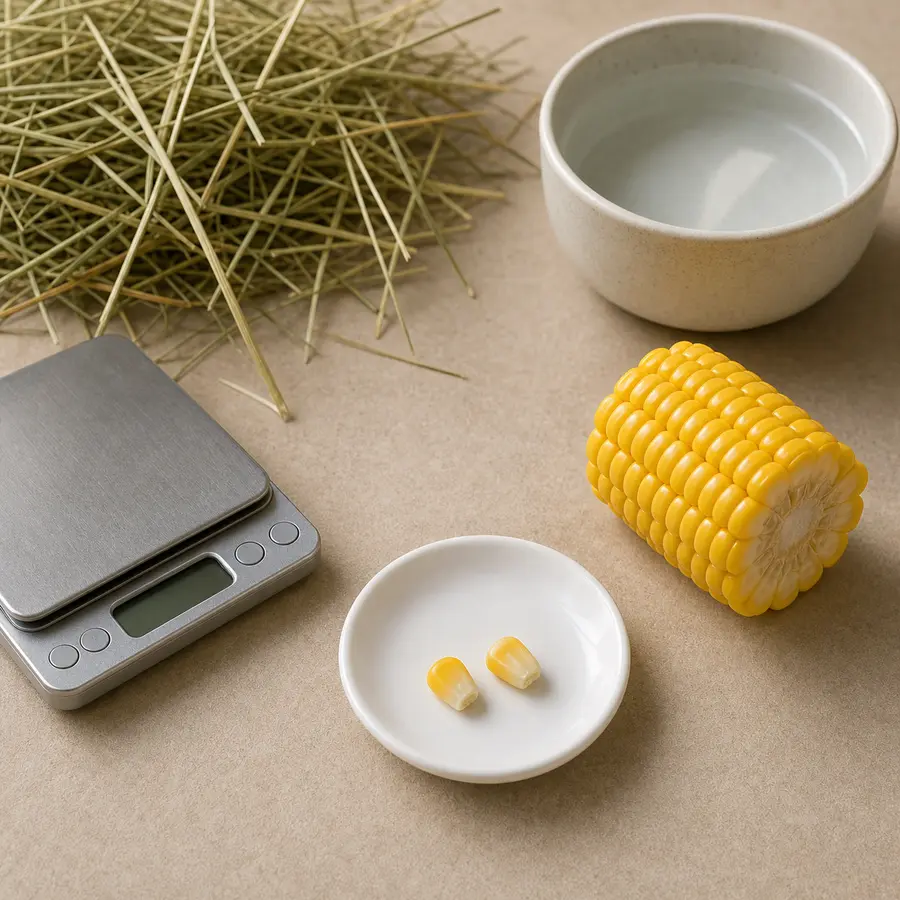 Tiny plain corn kernels removed from a cob section beside hay and a gram scale.