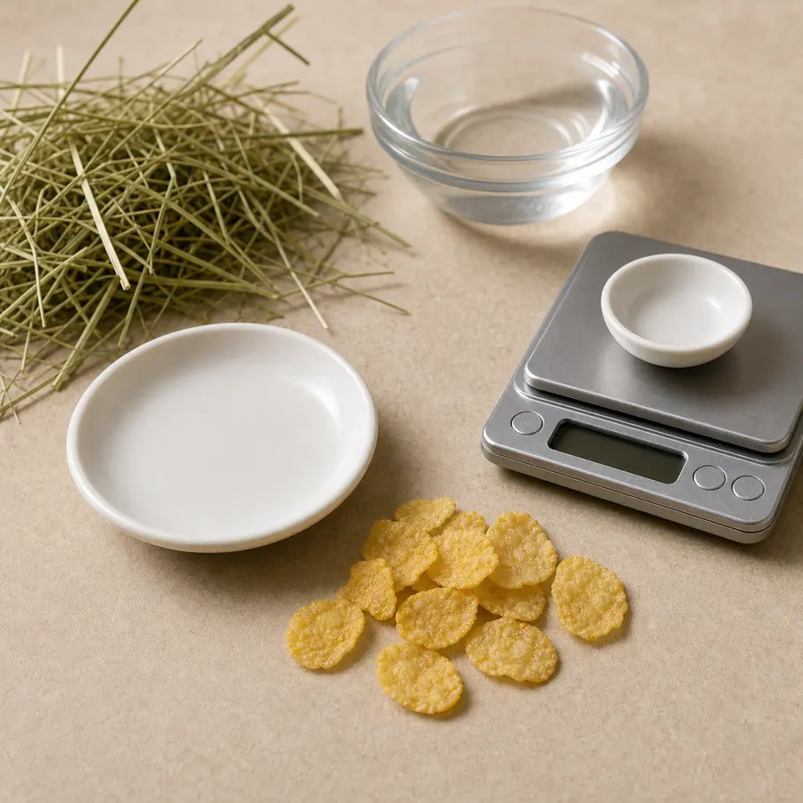 Plain cornflakes kept away from an empty saucer, hay, and a gram scale.