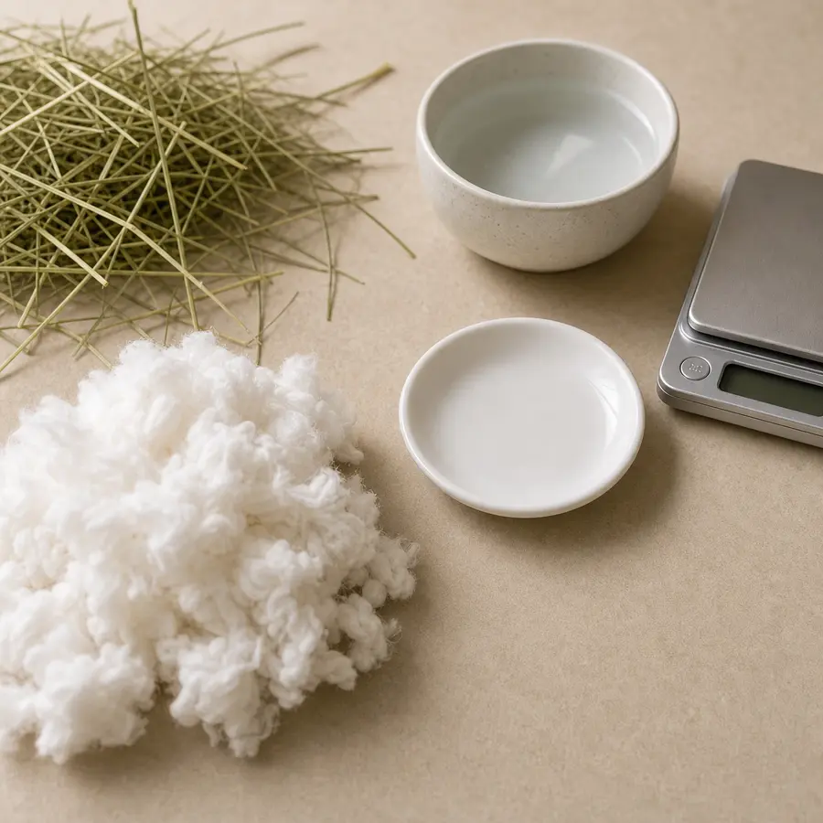 Soft cotton bedding kept away from an empty saucer, hay, water, and a gram scale.