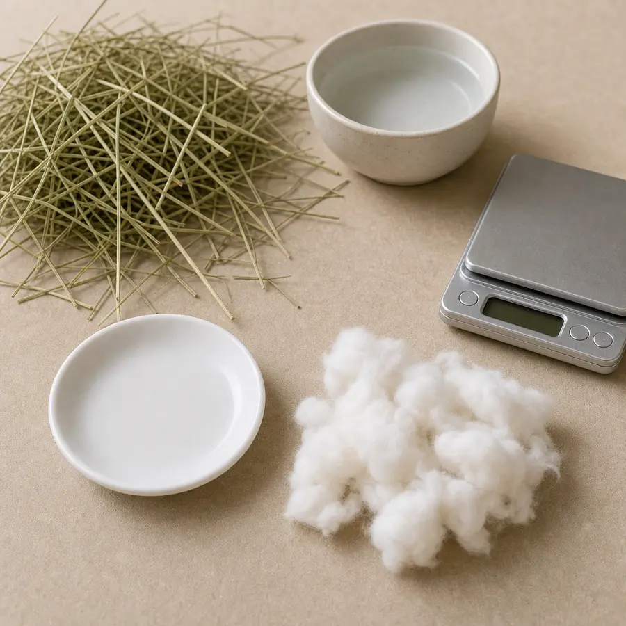 Loose cotton nesting fluff kept away from an empty saucer, hay, water, and a gram scale.