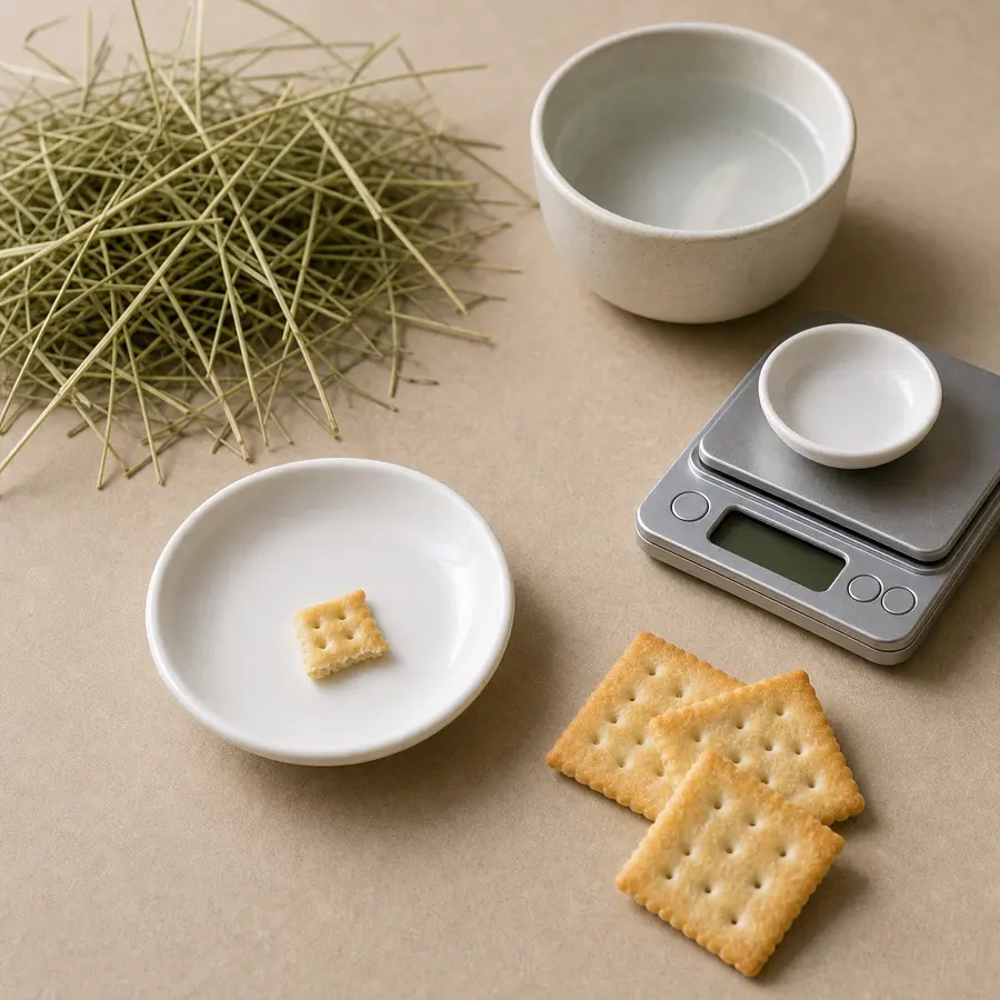 Plain crackers kept away from an empty saucer, hay, water, and a gram scale.