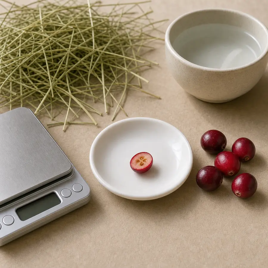 Tiny fresh cranberry piece on a saucer beside whole cranberries, hay, and a gram scale.