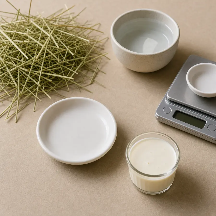 Small cup of cream kept away from an empty saucer, hay, water, and a gram scale.