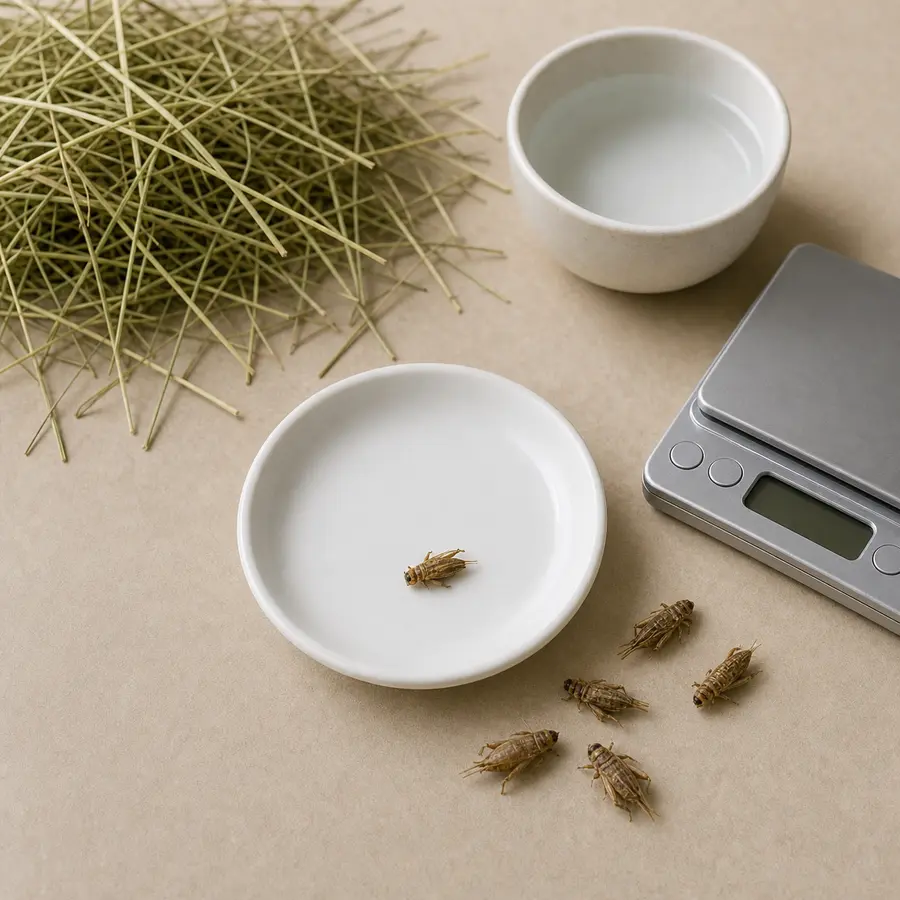 Tiny plain dried cricket portion on a saucer beside dried crickets, hay, water, and a gram scale.