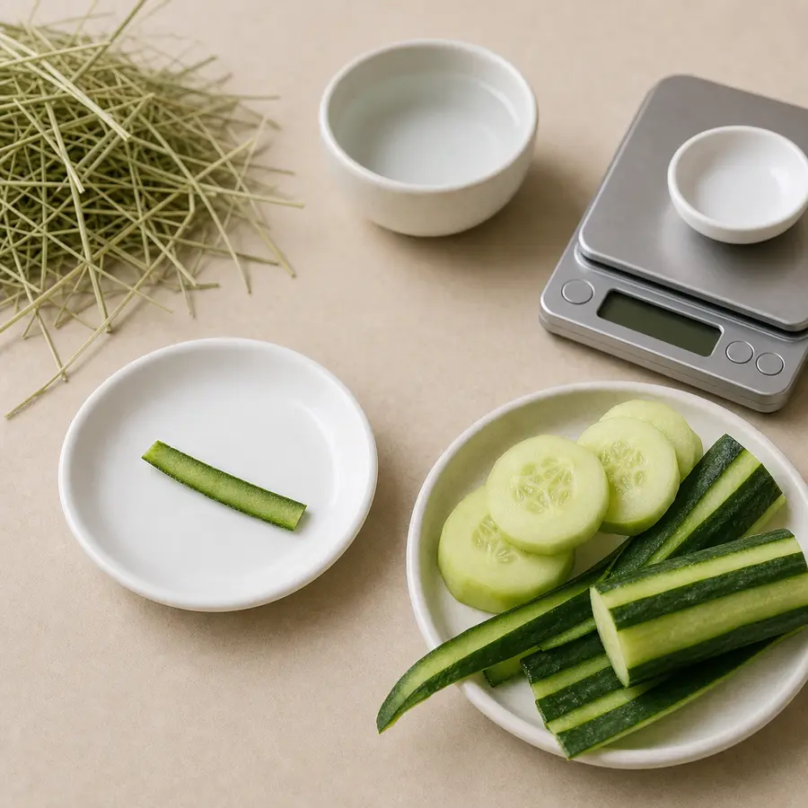 Tiny washed cucumber peel strip on a saucer beside peeled cucumber slices, hay, water, and a gram scale.