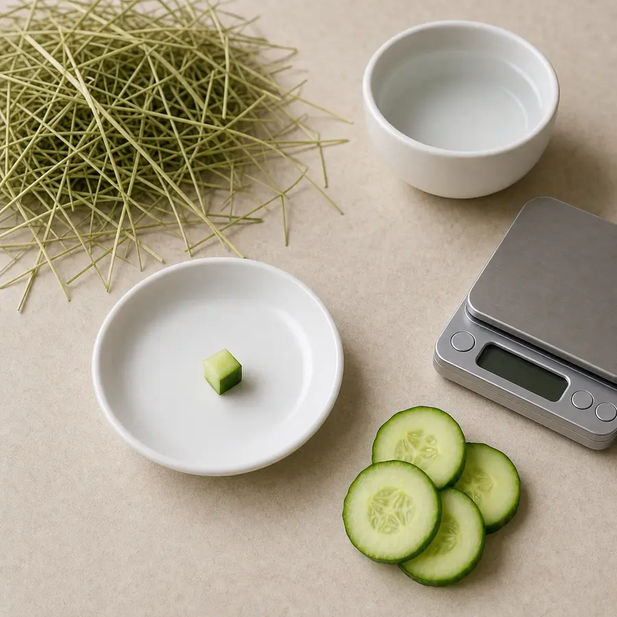 Tiny plain cucumber cube on a saucer beside fresh cucumber slices, hay, water, and a gram scale.