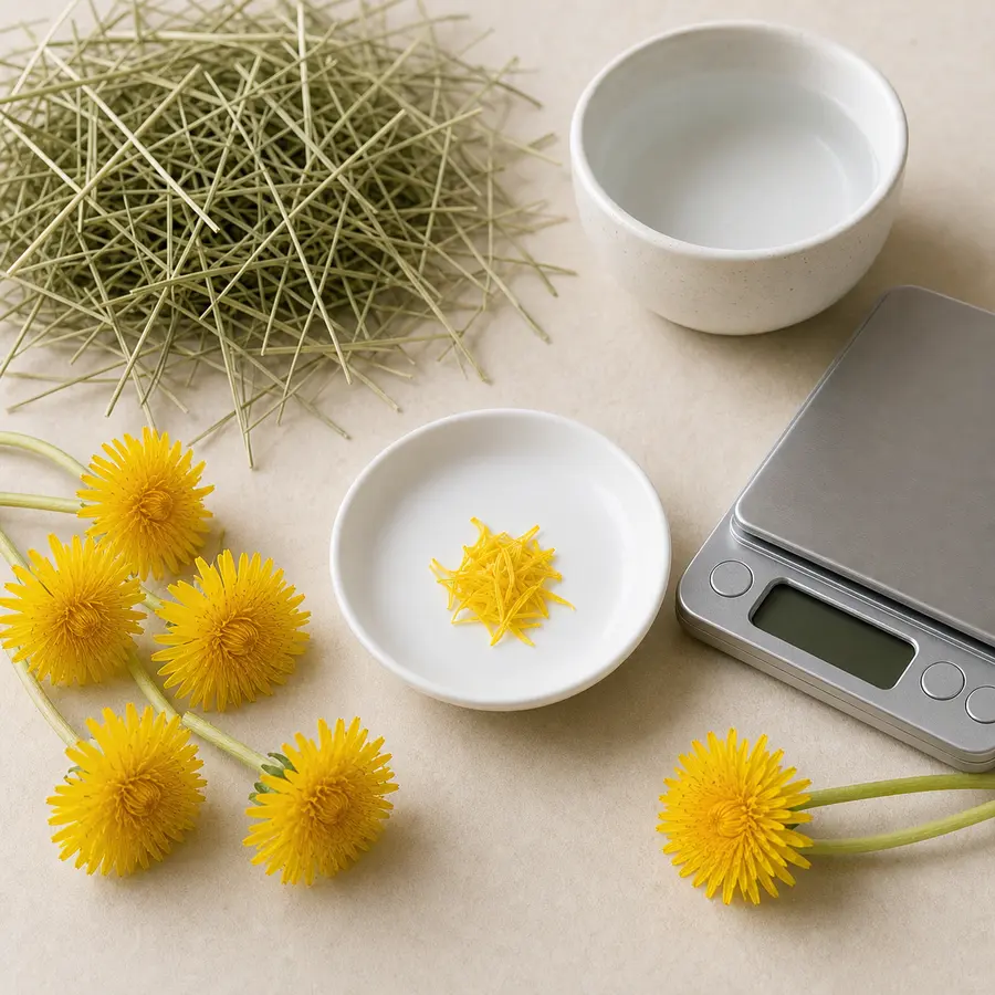 Tiny clean dandelion flower petals on a saucer beside fresh dandelion flowers, hay, water, and a gram scale.