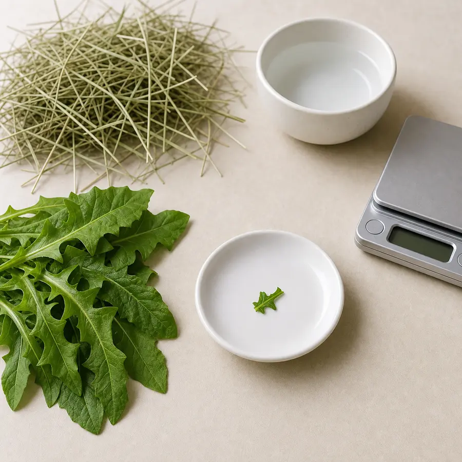 Tiny washed dandelion green piece on a saucer beside fresh dandelion leaves, hay, water, and a gram scale.