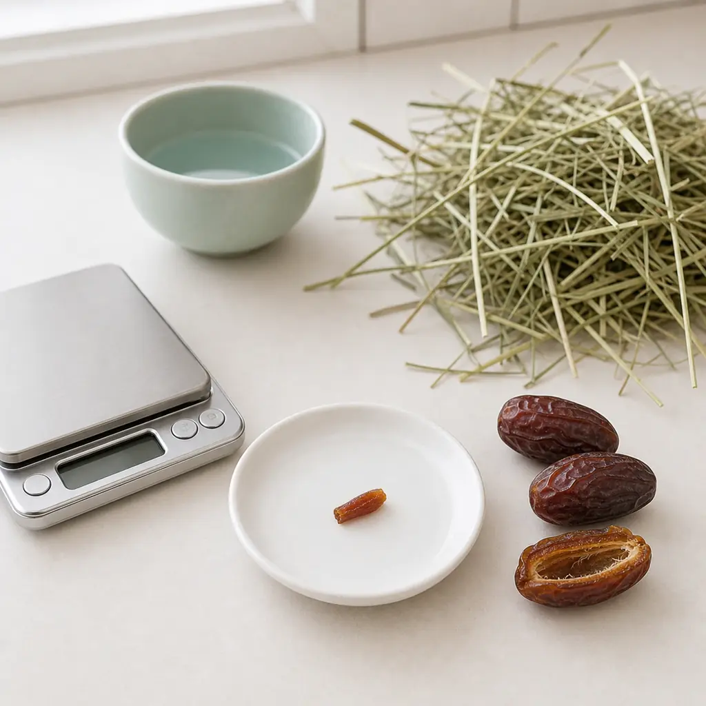 Tiny plain date sliver on a saucer beside pitted dates, clean hay, water, and a gram scale.