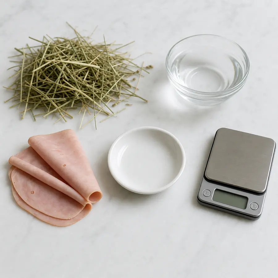 Slices of deli meat kept away from an empty saucer, hay, water, and a gram scale.