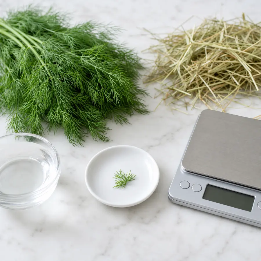 Tiny washed dill sprig on a saucer beside fresh dill, hay, water, and a gram scale.