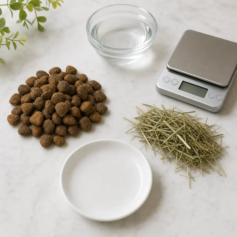 Generic dry dog food kept away from an empty saucer, hay, water, and a gram scale.