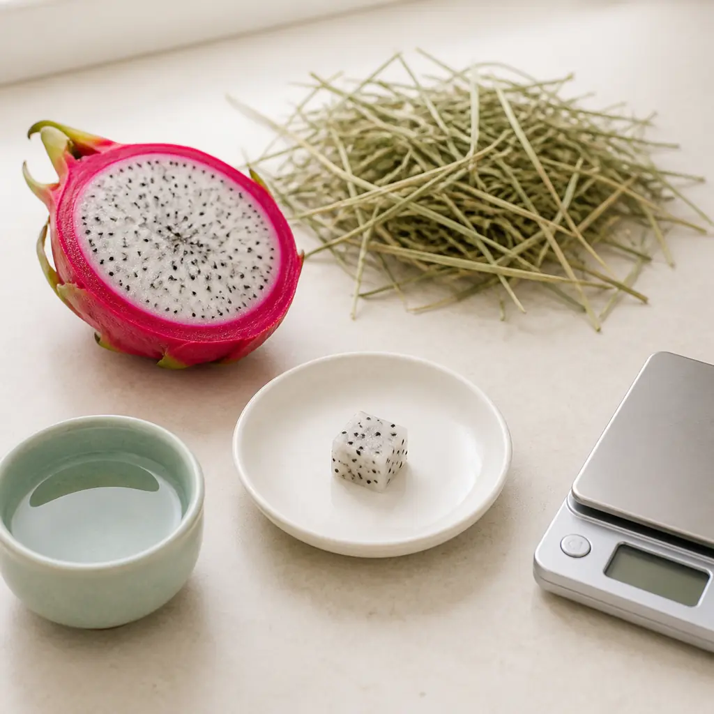 Tiny plain dragon fruit cube on a saucer beside halved dragon fruit, clean hay, water, and a gram scale.