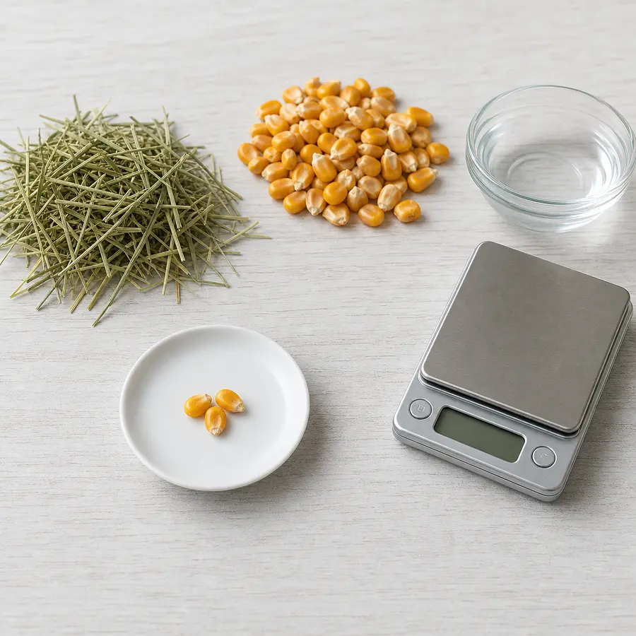 Tiny measured dried corn kernels on a saucer beside dried corn, hay, water, and a gram scale.