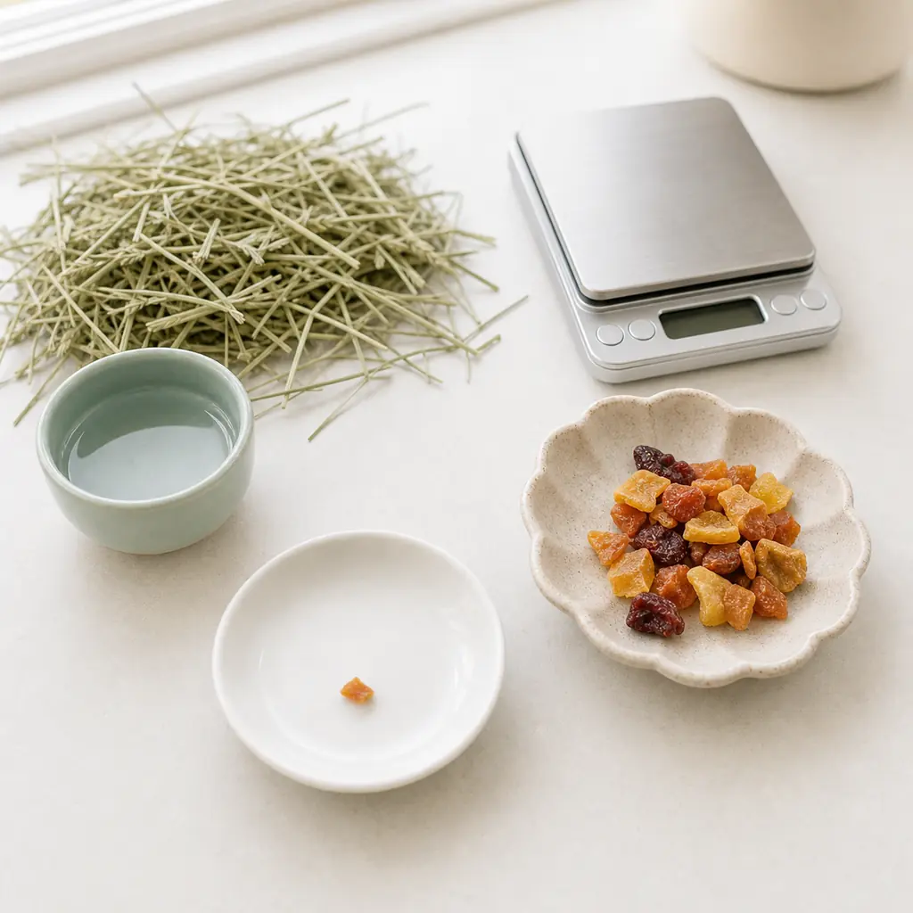 Sticky mixed dried fruit kept away from a tiny empty saucer, clean hay, water, and a gram scale.