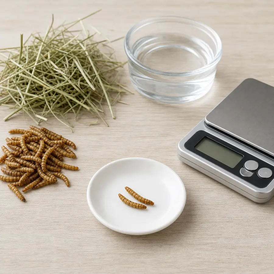 Tiny plain dried mealworm portion on a saucer beside dried mealworms, hay, water, and a gram scale.
