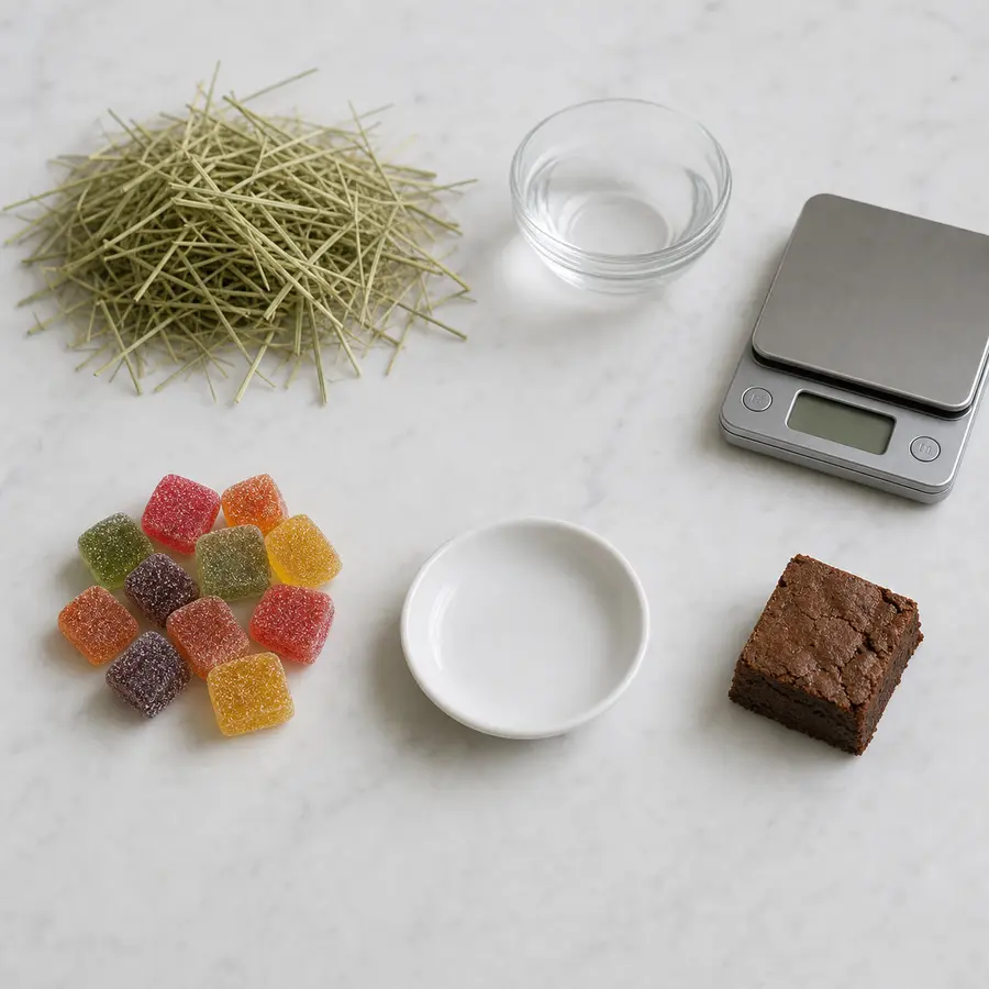 Generic cannabis edible gummies and brownie piece kept away from an empty saucer, hay, water, and a gram scale.