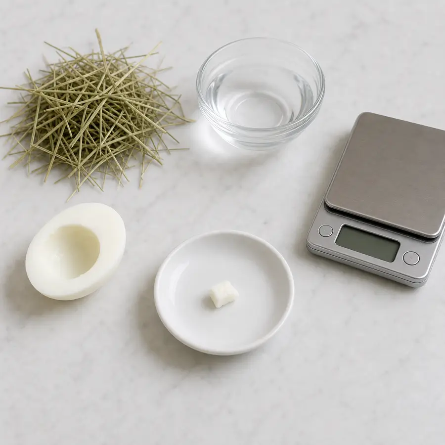 Tiny plain cooked egg-white piece on a saucer beside boiled egg white, hay, water, and a gram scale.