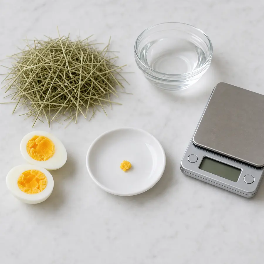 Tiny plain cooked egg-yolk crumb on a saucer beside a halved boiled egg, hay, water, and a gram scale.