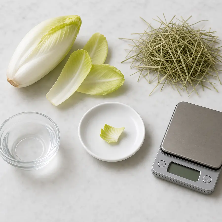 Tiny washed endive leaf piece on a saucer beside fresh endive, hay, water, and a gram scale.