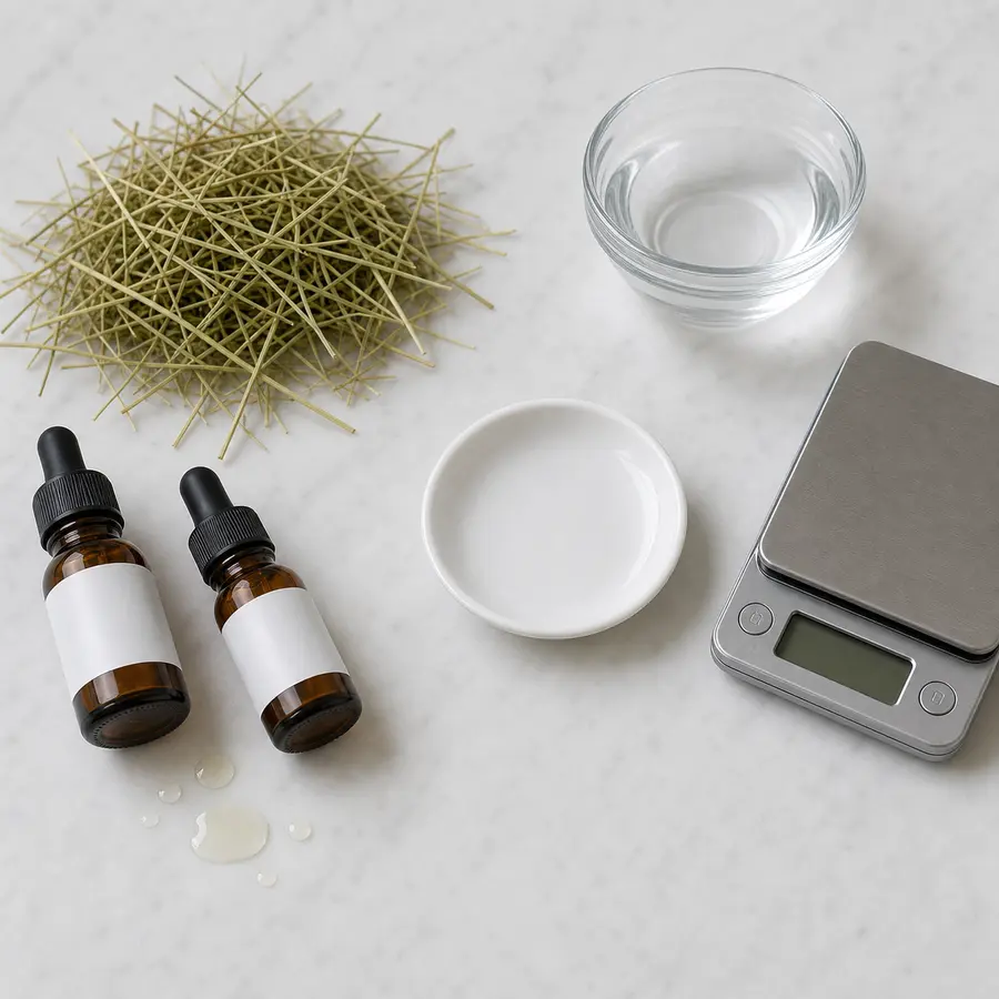 Amber essential oil bottles and spilled oil drops kept away from an empty saucer, hay, water, and a gram scale.