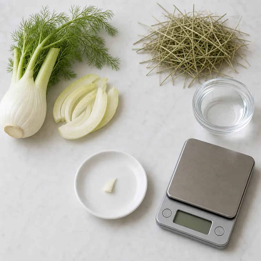 Tiny plain fennel bulb sliver on a saucer beside fresh fennel bulb and fronds, hay, water, and a gram scale.