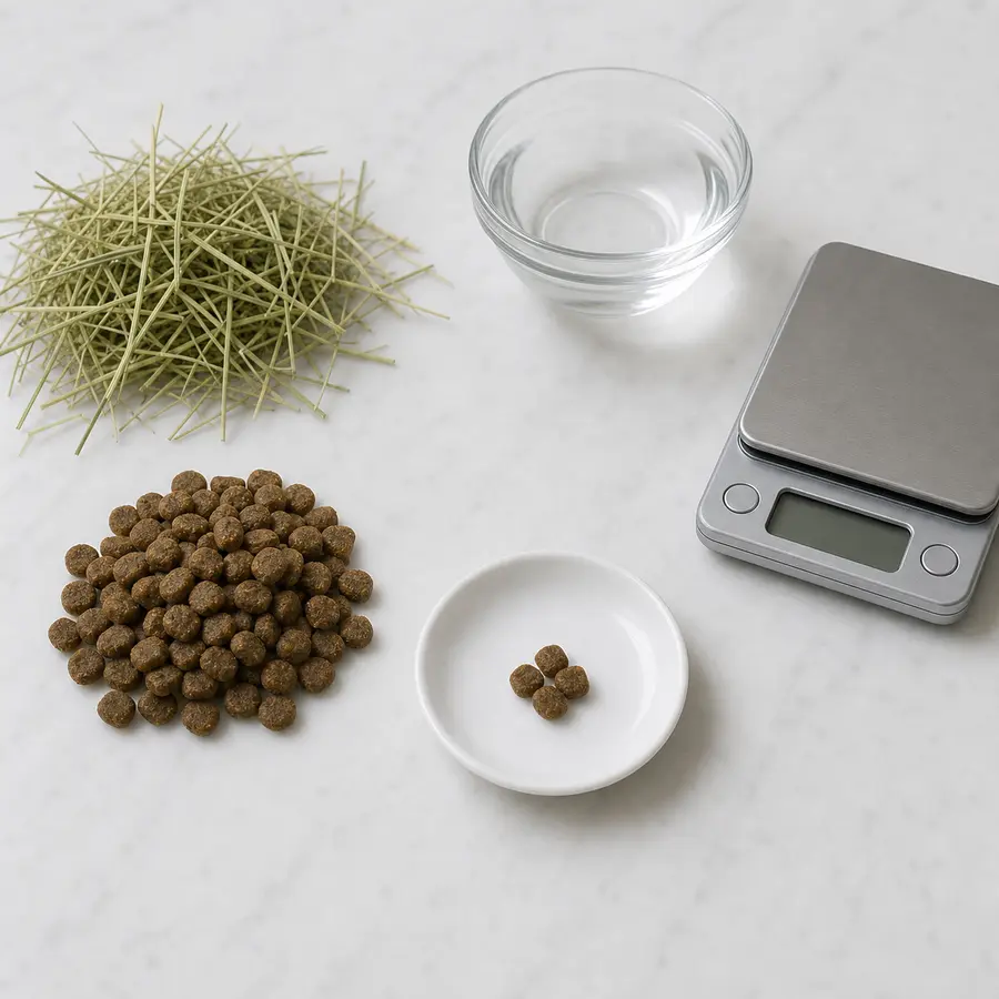 Tiny measured dry ferret kibble portion on a saucer beside plain ferret kibble, hay, water, and a gram scale.
