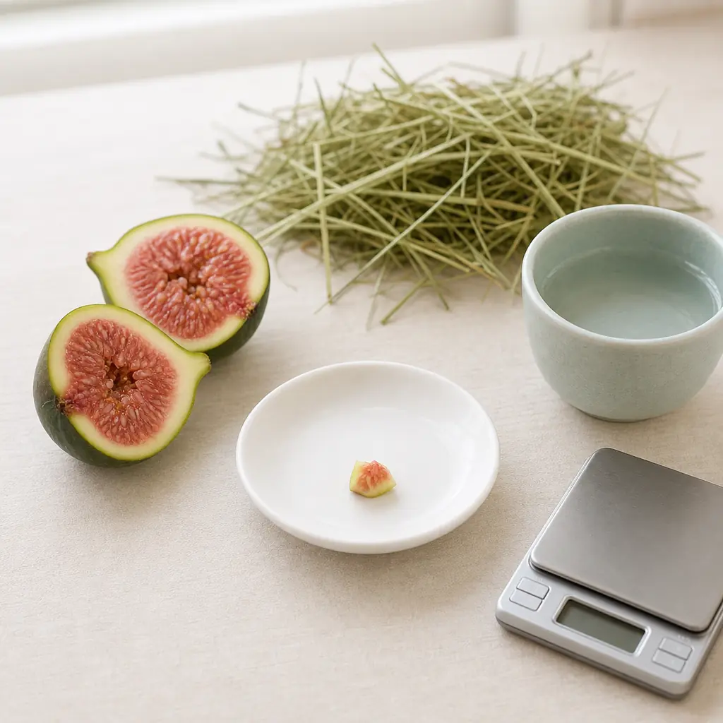 Tiny fresh fig piece on a saucer beside halved figs, clean hay, water, and a gram scale.