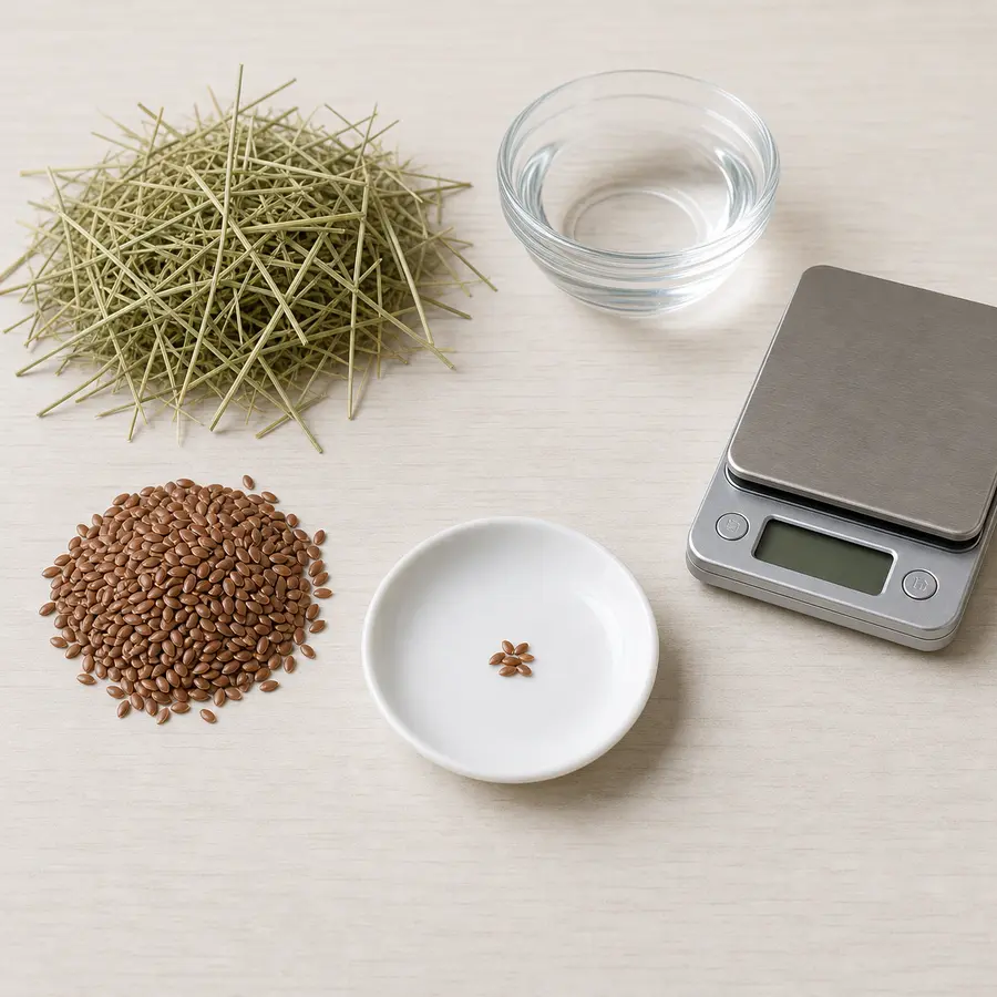 Tiny measured pinch of flaxseed on a saucer beside plain flaxseed, hay, water, and a gram scale.