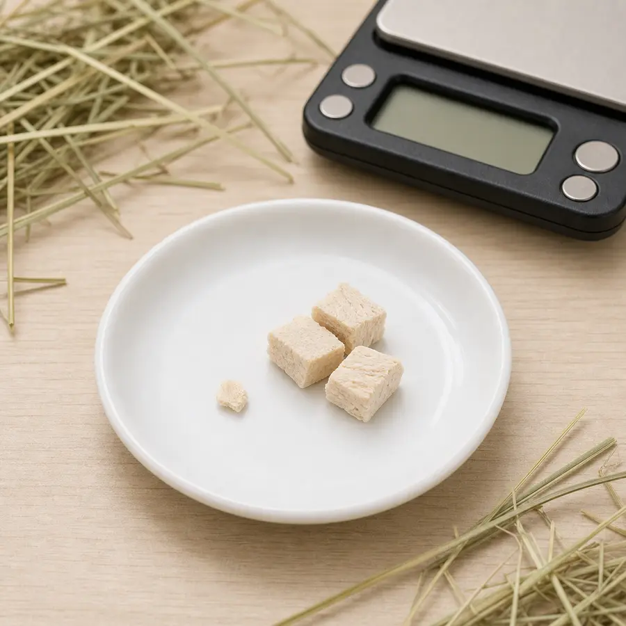 Tiny plain freeze-dried chicken crumb on a saucer beside chicken-only treats, hay, and a gram scale.