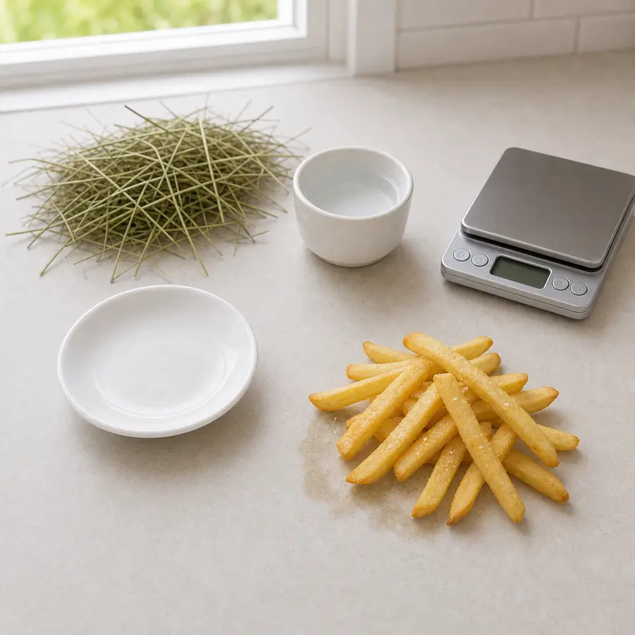 Salted french fries kept away from an empty saucer, hay, water, and a gram scale.