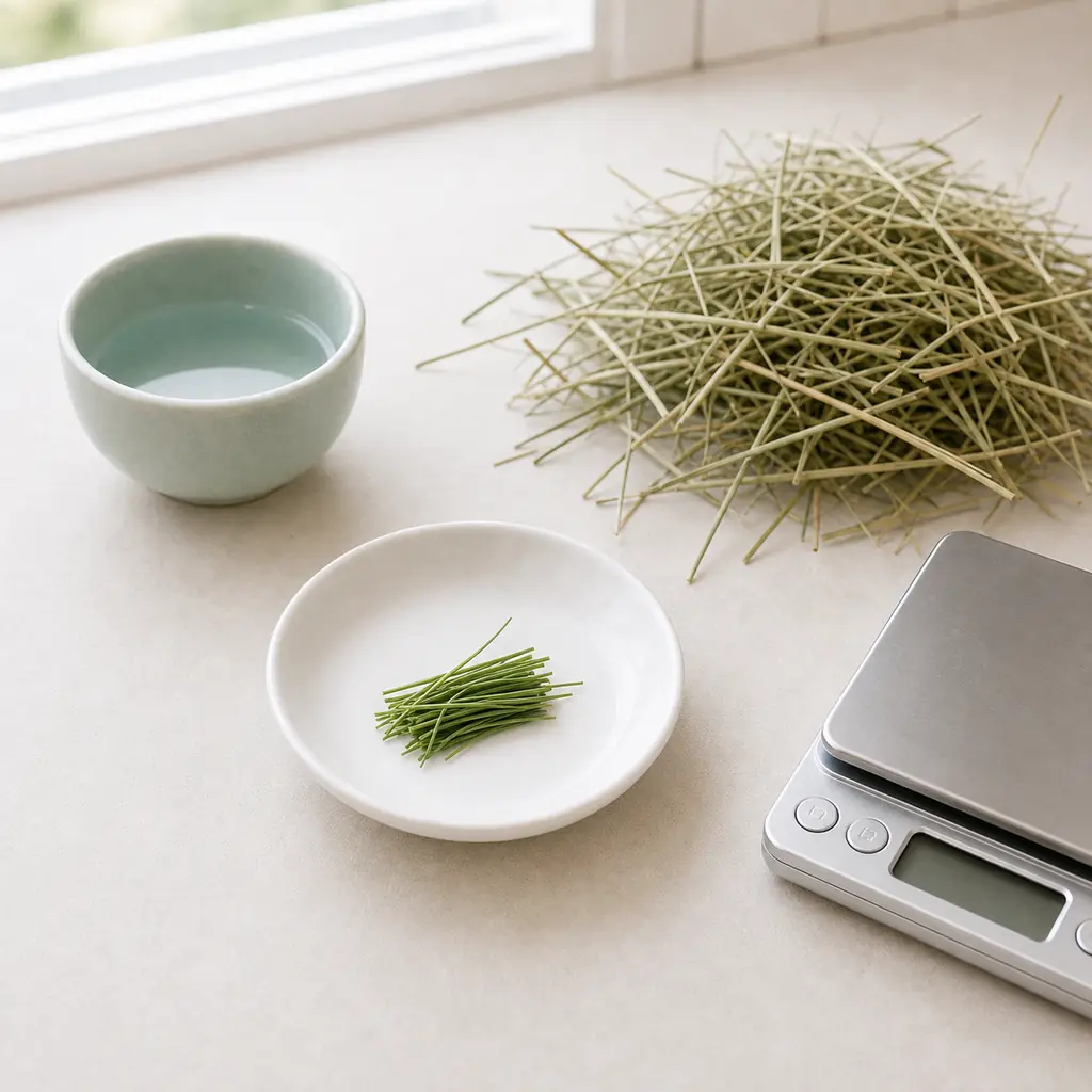 Tiny hand-cut untreated fresh grass bundle on a saucer beside dry hay, water, and a gram scale.