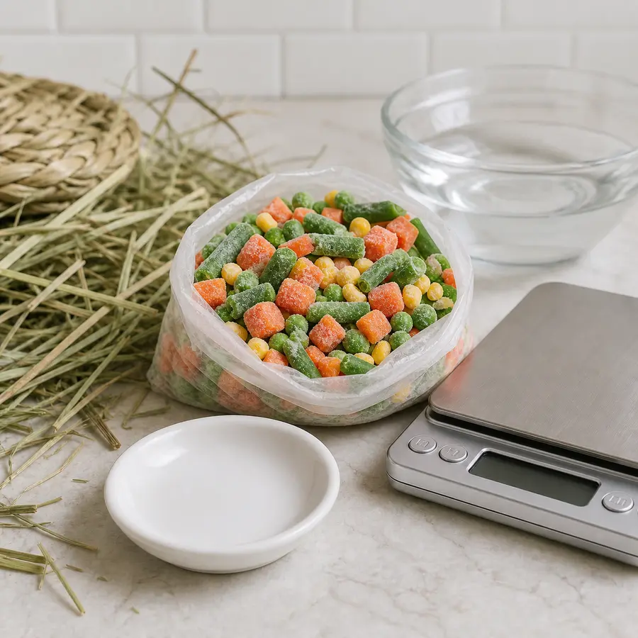 Frosty mixed frozen vegetables kept away from an empty saucer, hay, water, and a gram scale.