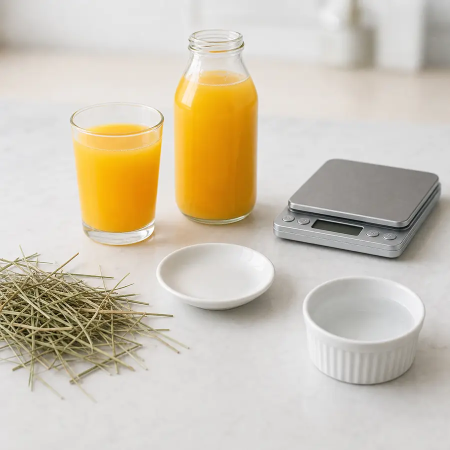Glass and bottle of fruit juice kept away from an empty saucer, hay, water, and a gram scale.