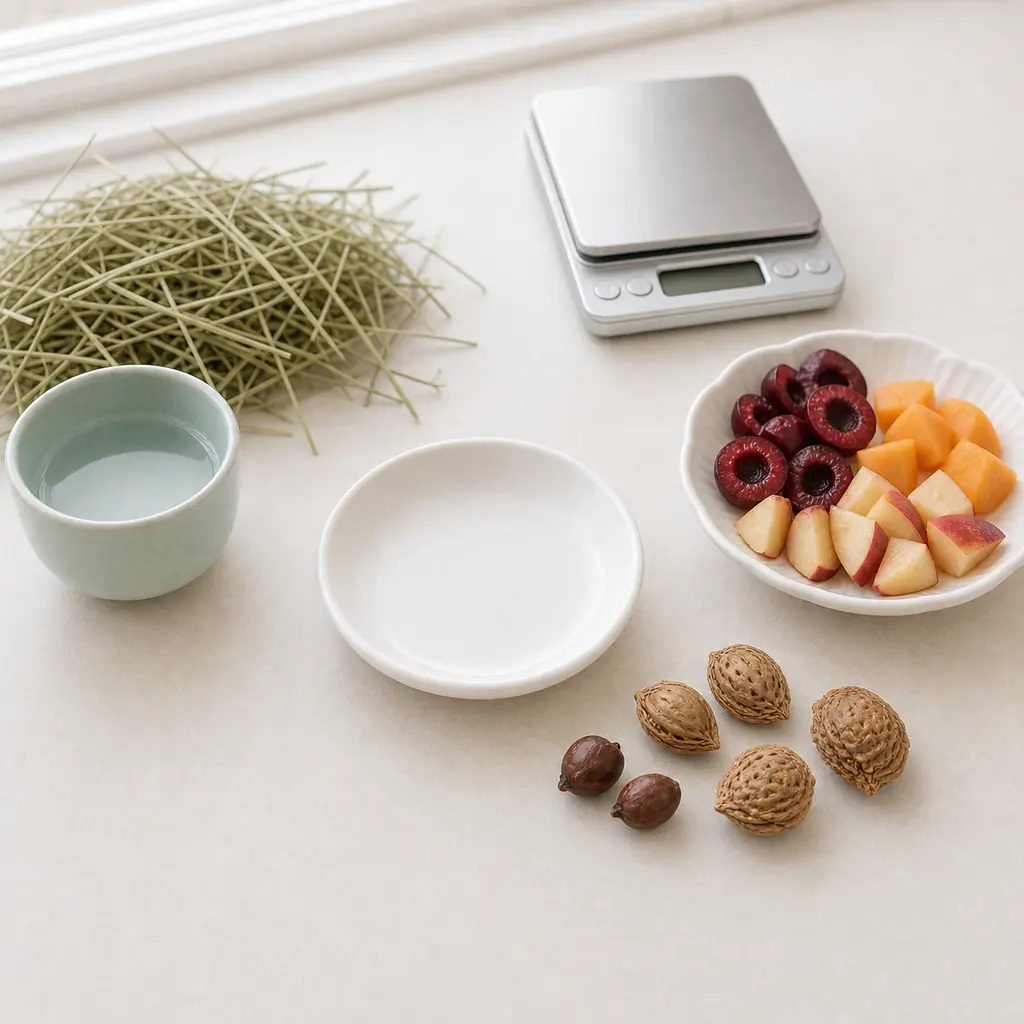 Cherry, apricot, and peach pits kept away from an empty saucer beside clean hay, water, and a gram scale.