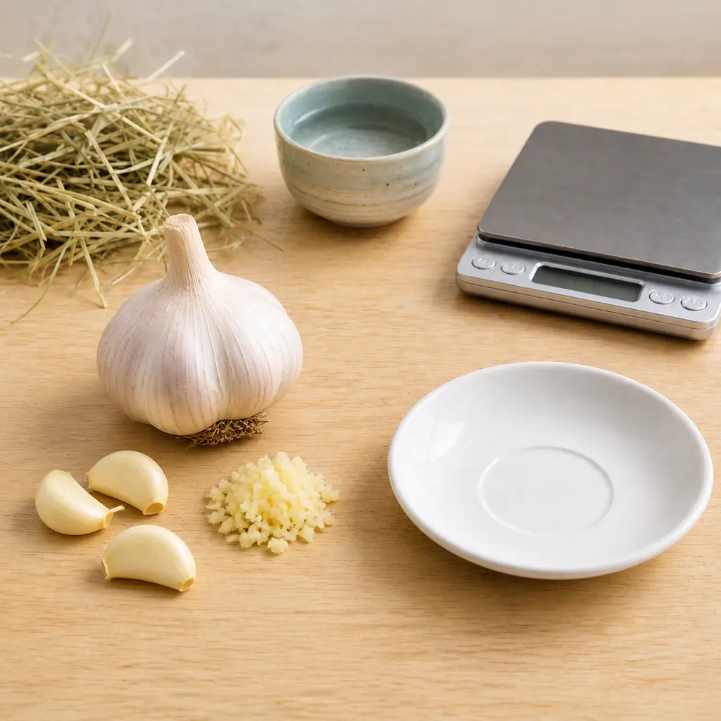 Garlic bulb, cloves, and minced garlic kept away from an empty saucer, hay, water, and a gram scale.